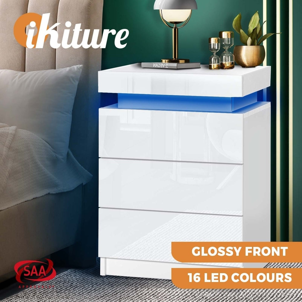 Bedside Table RGB LED 3 Drawers White