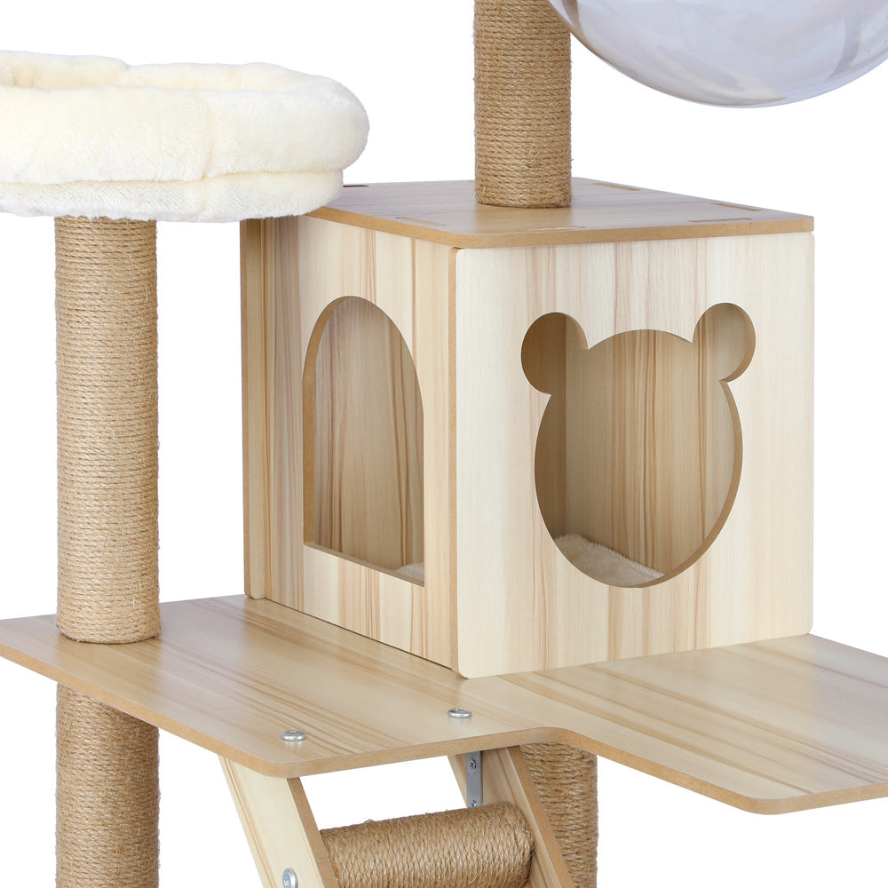 Beige Wooden Cat Tree with Ladder