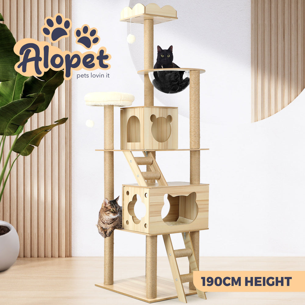 Beige Wooden Cat Tree with Ladder