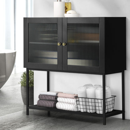 Black Bathroom Cabinet with Two Tempered Glass Doors
