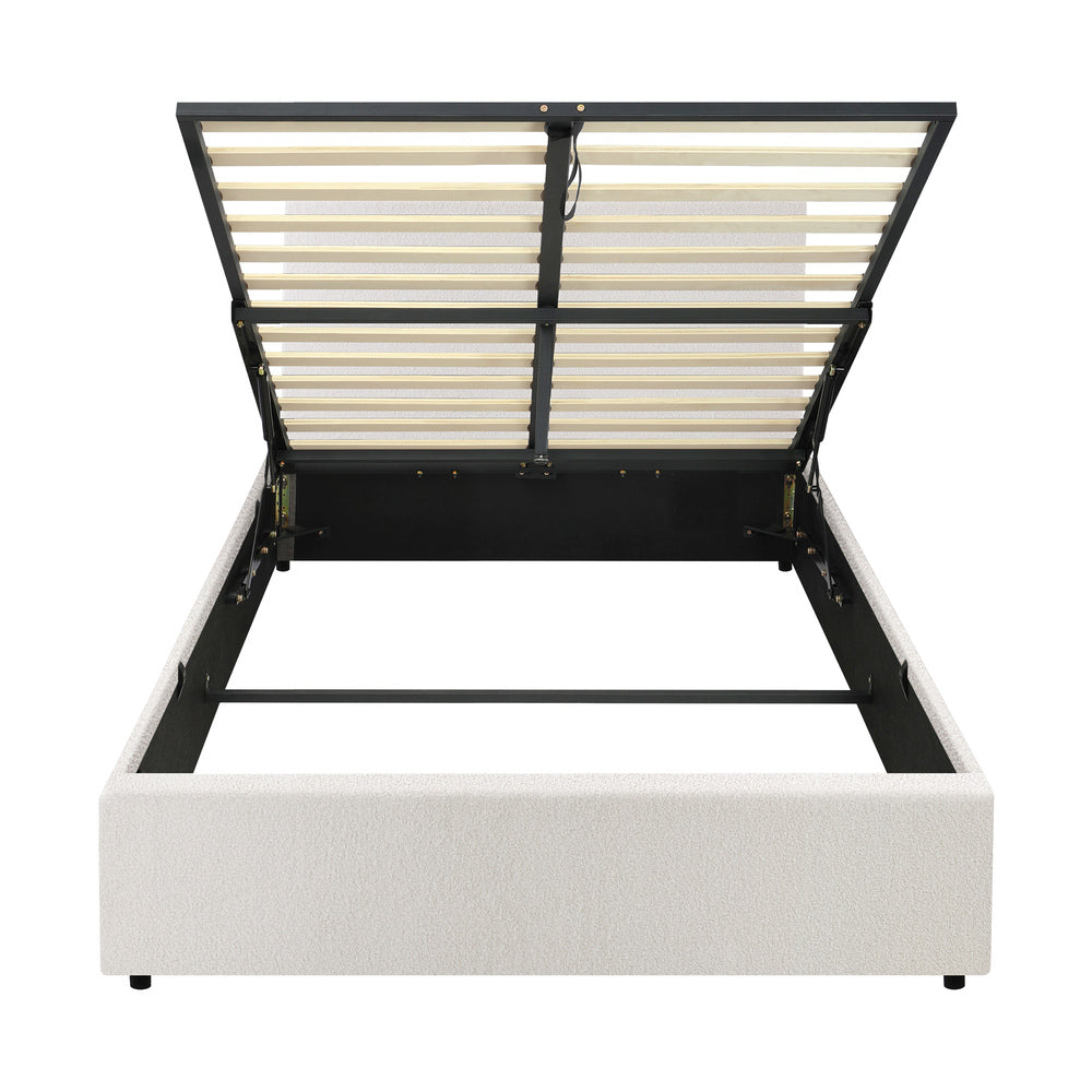 King Single Bed Frame with Gas Lift Storage Base in White Boucle