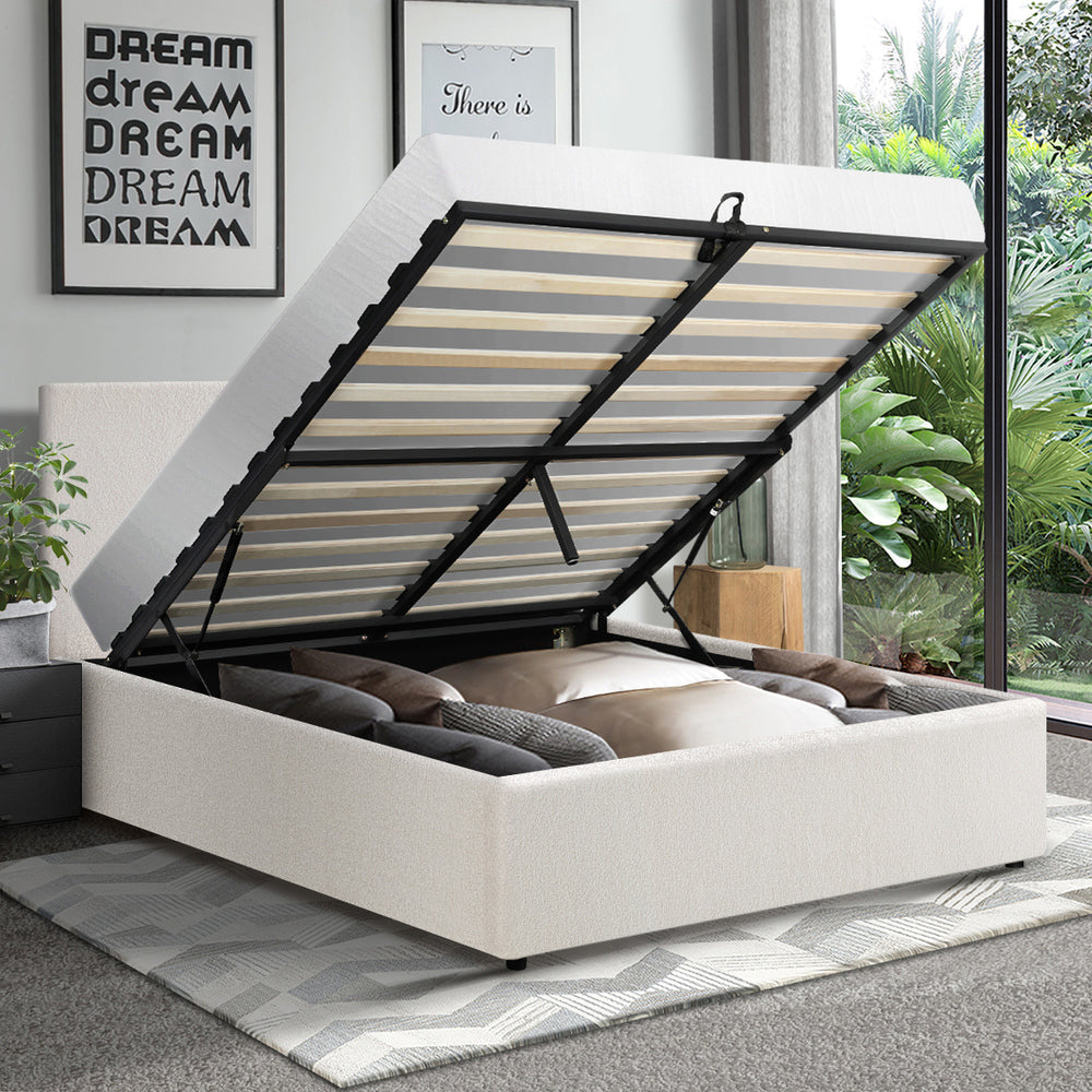 King Single Bed Frame with Gas Lift Storage Base in White Boucle
