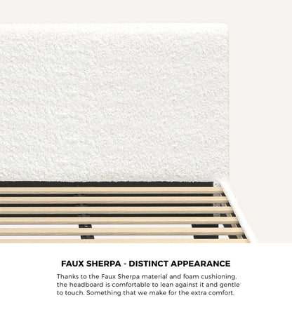 King Bed Frame with Wooden Slats in White Boucle Fabric