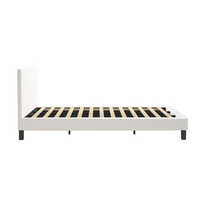 King Bed Frame with Wooden Slats in White Boucle Fabric
