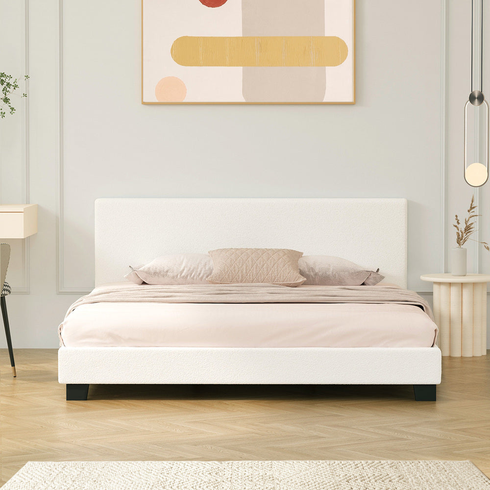 King Bed Frame with Wooden Slats in White Boucle Fabric