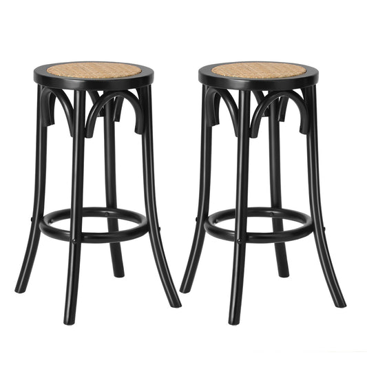 2 pcs Wooden Bar Stools Rattan Backrest Black