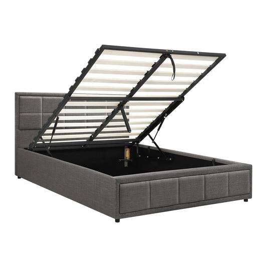 Queen Bed Frame with Gas Lift Storage Base Fabric Grey