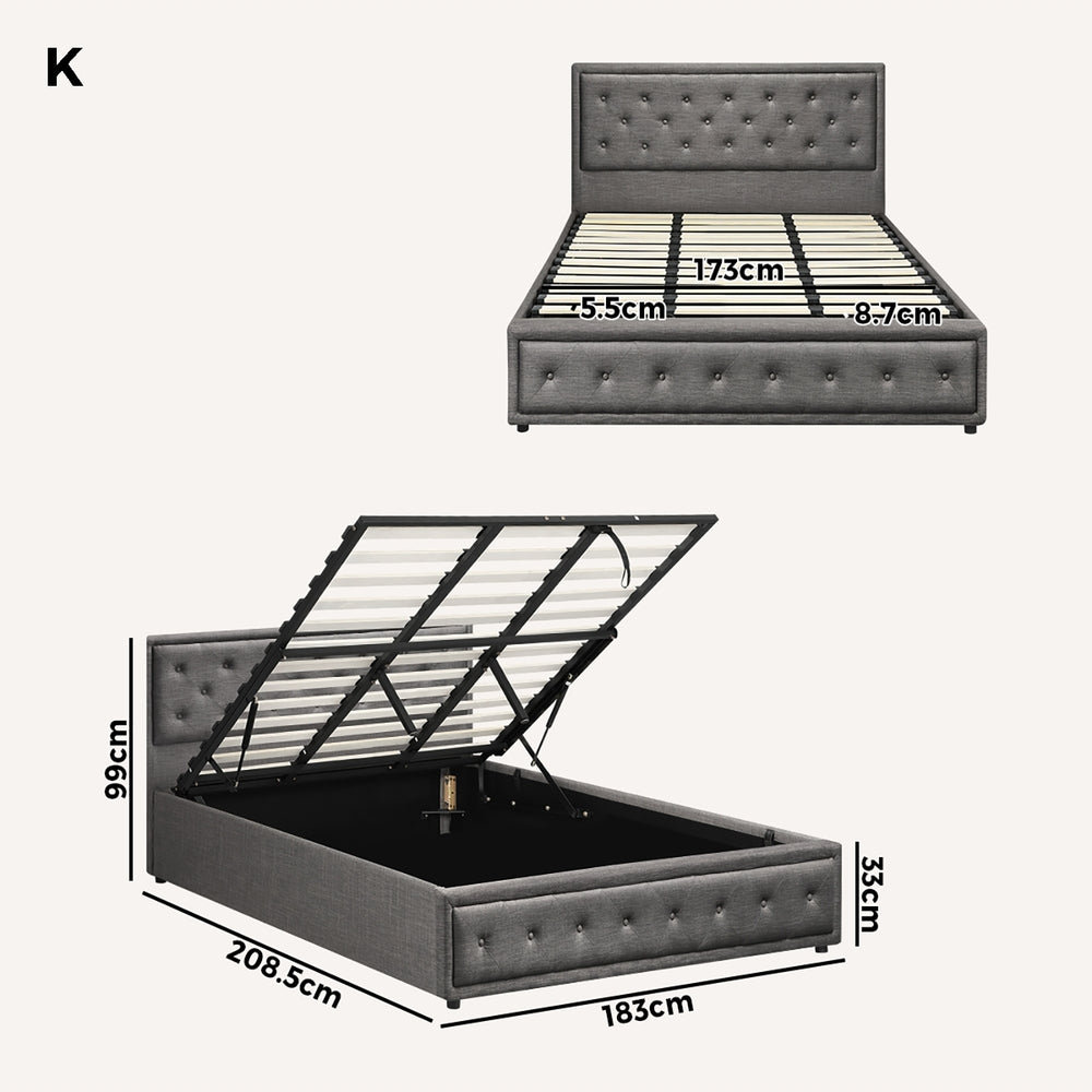 King Bed Frame with Gas Lift Storage Base Grey