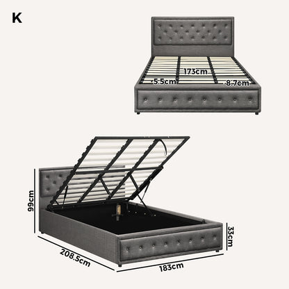 King Bed Frame with Gas Lift Storage Base Grey