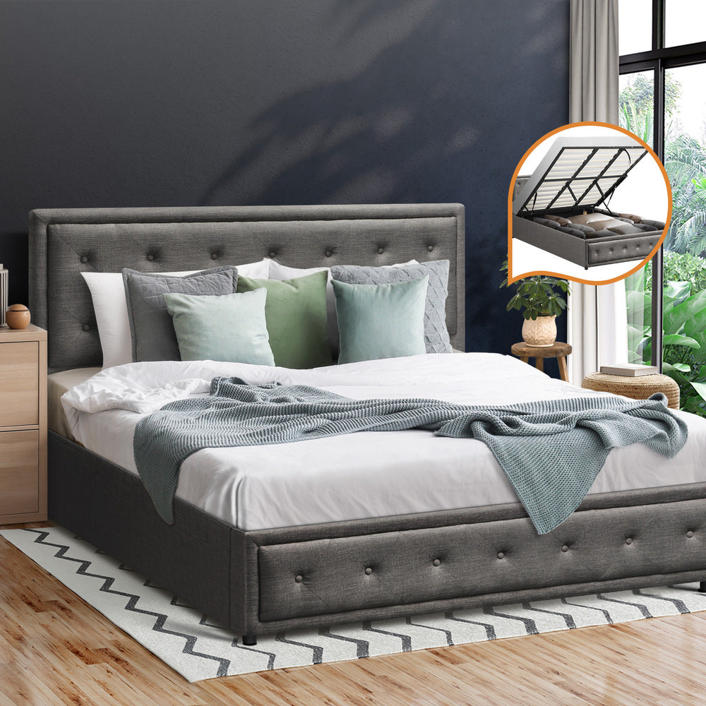 King Bed Frame with Gas Lift Storage Base Grey