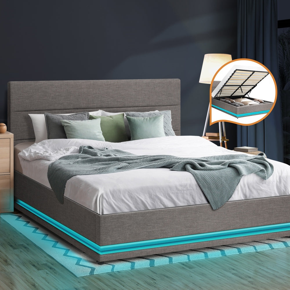 Queen Bed Frame with Gas Lift LED Storage Space Grey