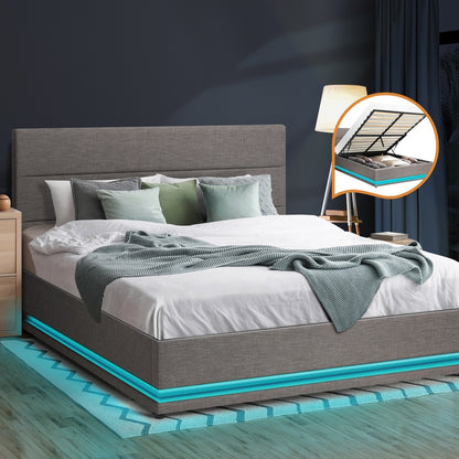 Queen Bed Frame with Gas Lift LED Storage Space Grey