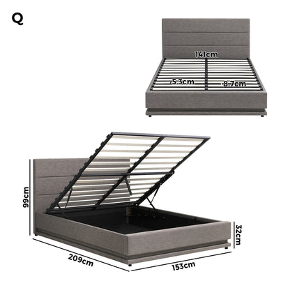 Queen Bed Frame with Gas Lift LED Storage Space Grey