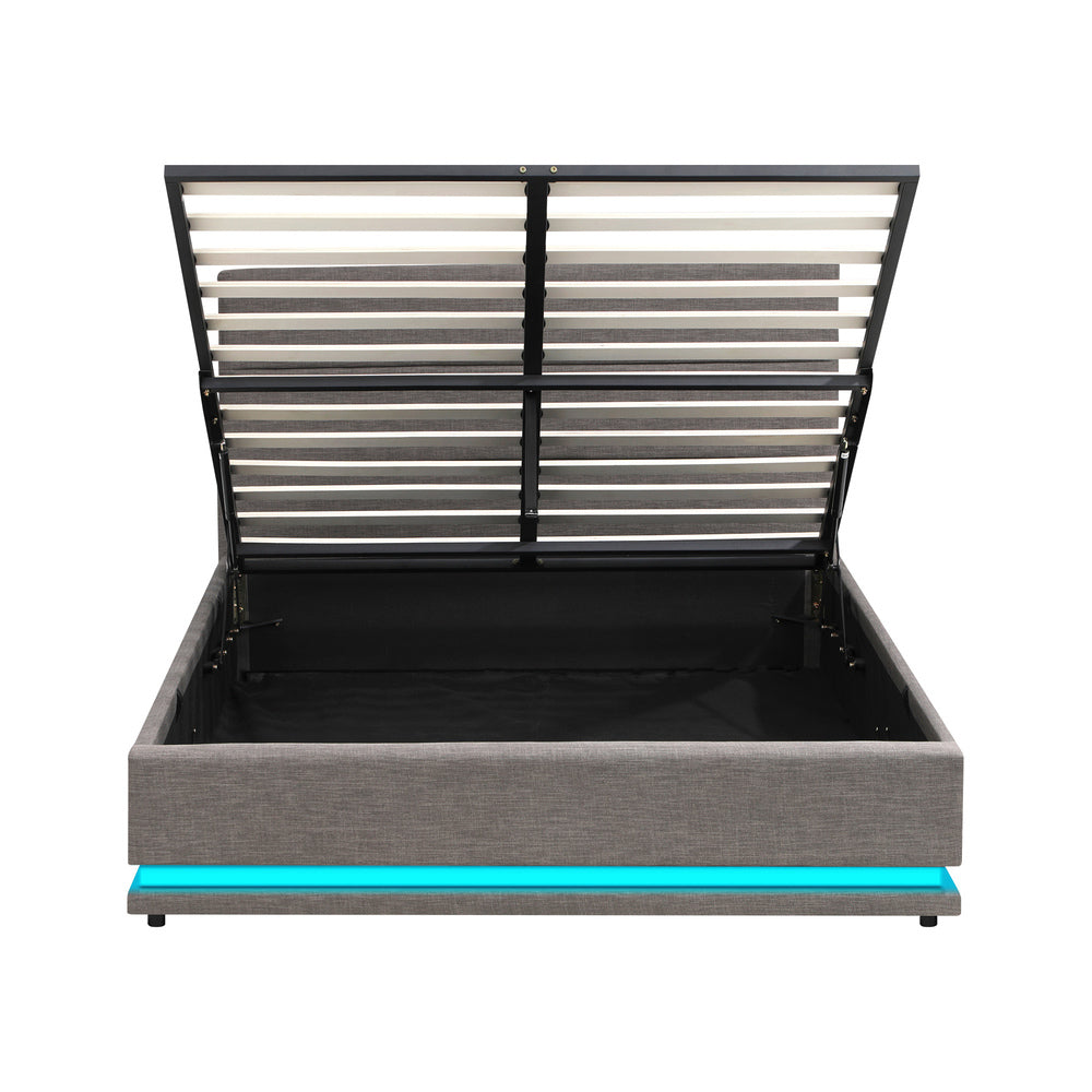 Queen Bed Frame with Gas Lift LED Storage Space Grey