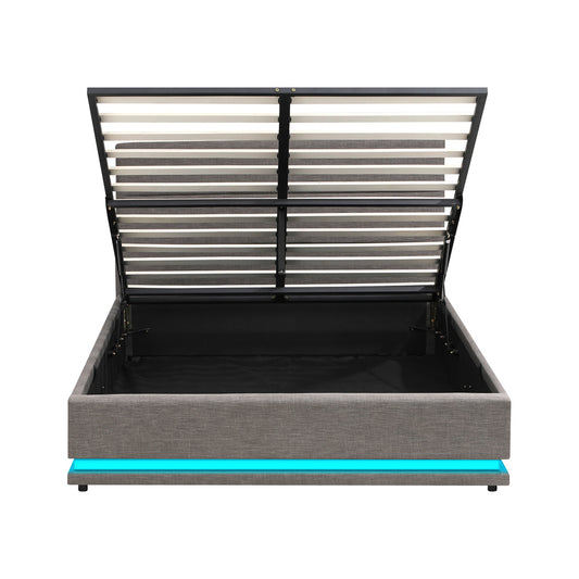 Queen Bed Frame with Gas Lift LED Storage Space Grey