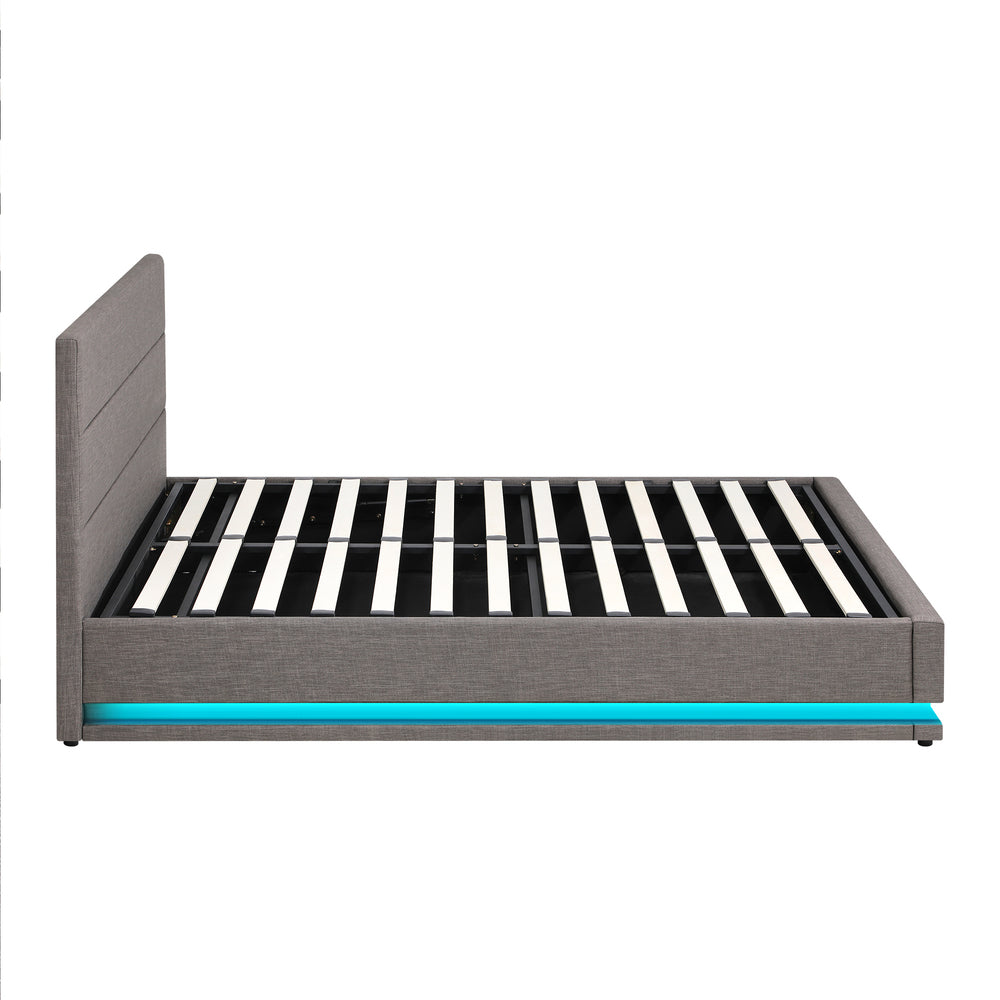 Queen Bed Frame with Gas Lift LED Storage Space Grey