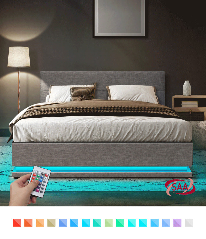 Queen Bed Frame with Gas Lift LED Storage Space Grey