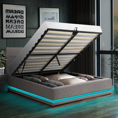 Queen Bed Frame with Gas Lift LED Storage Space Grey