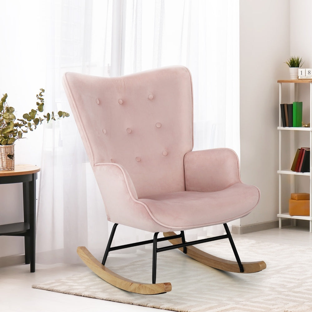 Pink Velvet Upholstered Nursing Rocking Armchair Accent Chair