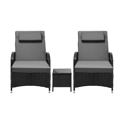 2pcs Wheeled Sun Loungers with Table Outdoor Set Black