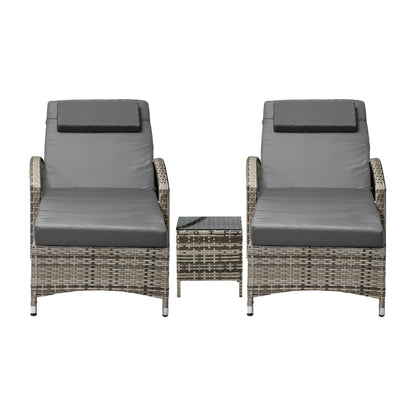 2pcs Wheeled Sun Loungers with Table Outdoor Set Grey