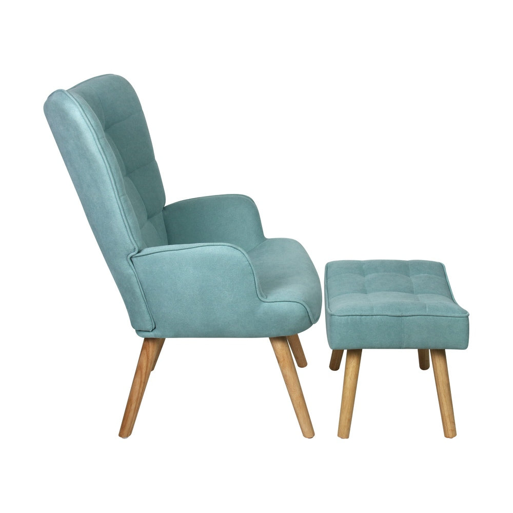 Blue Fabric Armchair with Footstool