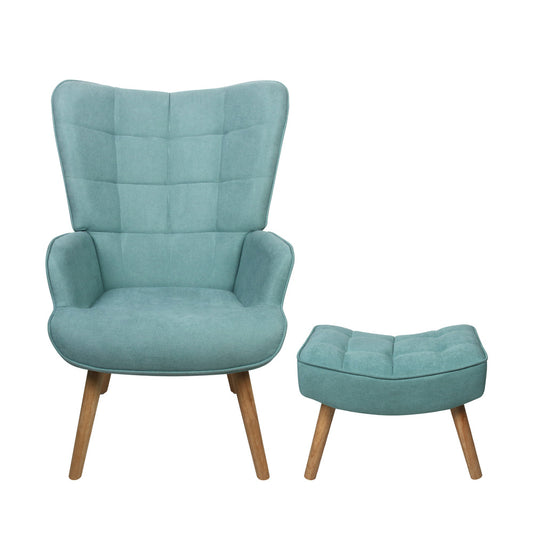 Blue Fabric Armchair with Footstool