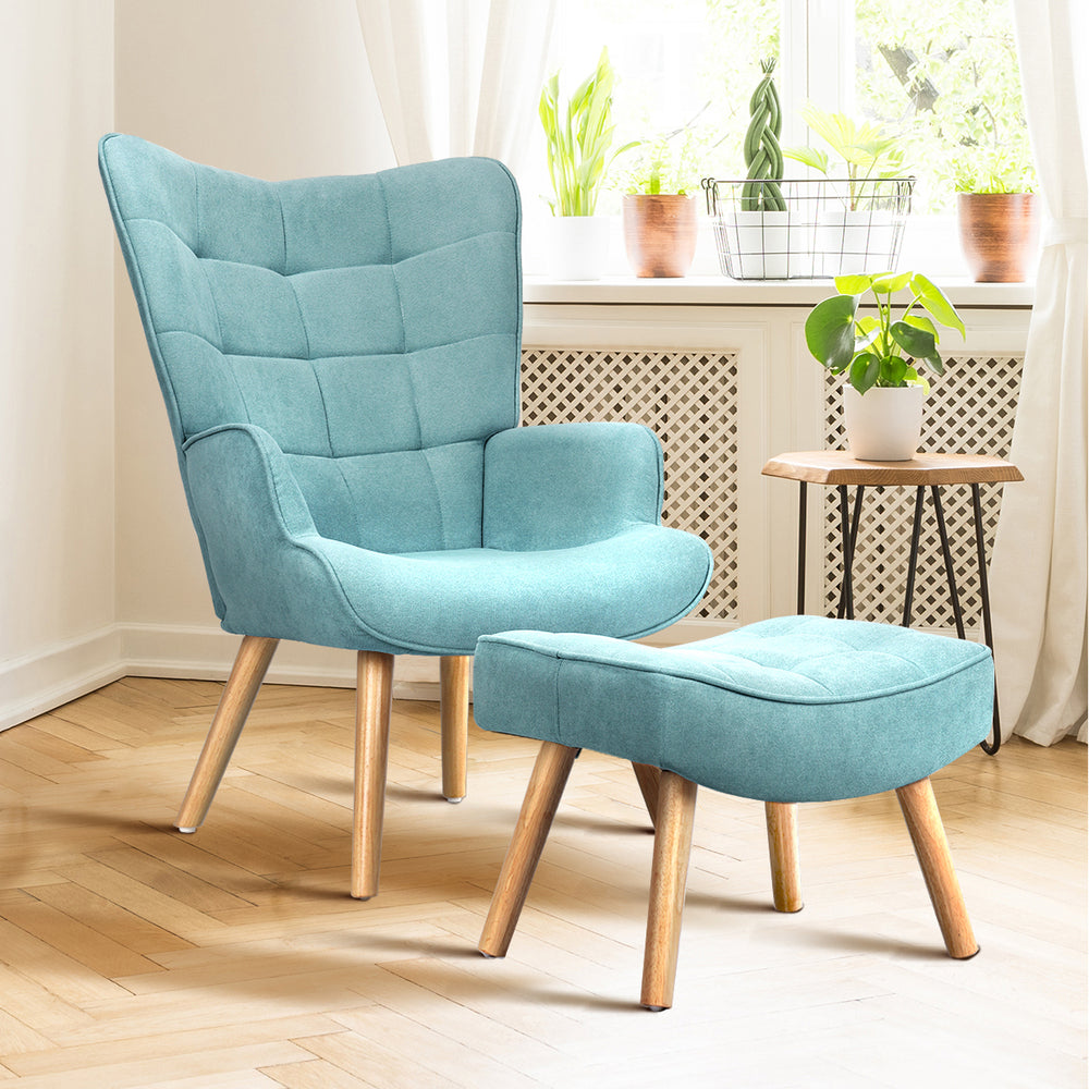 Blue Fabric Armchair with Footstool