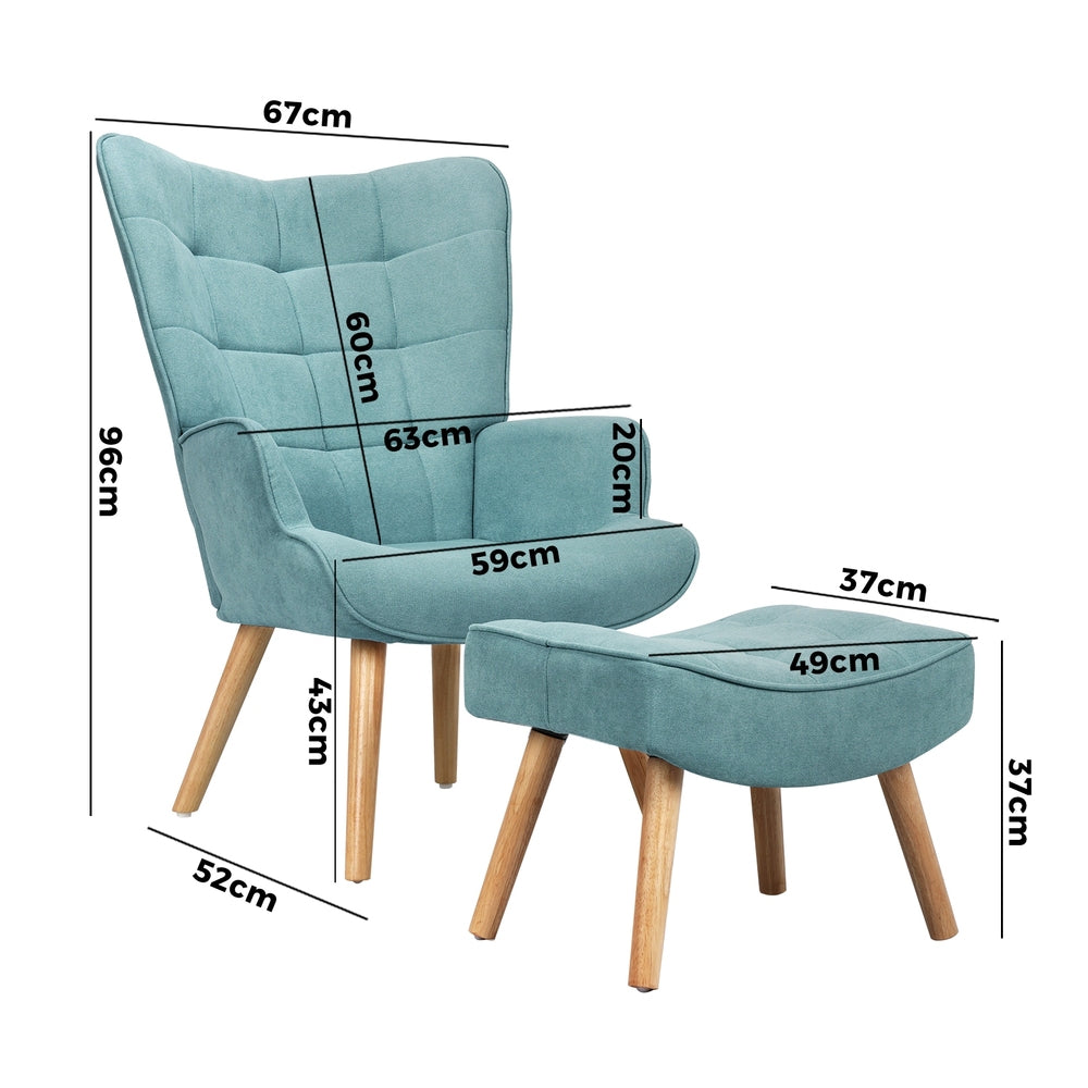 Blue Fabric Armchair with Footstool