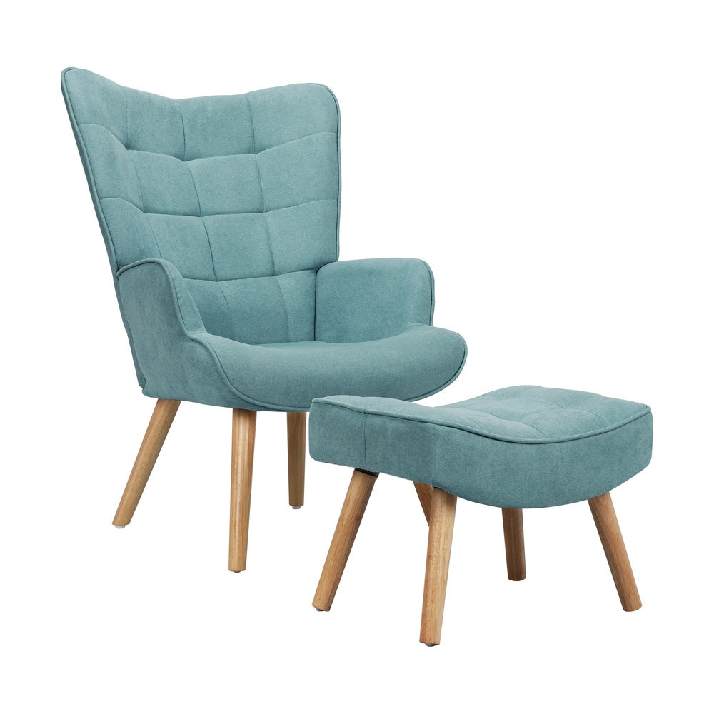 Blue Fabric Armchair with Footstool