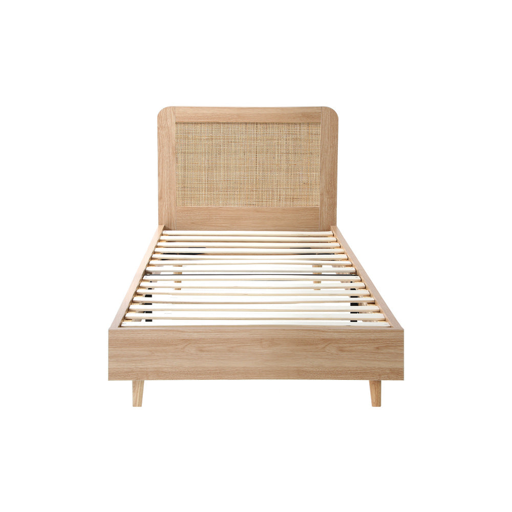 Single Size Wooden Bed Frame with Rattan Headboard