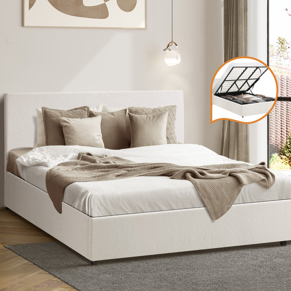King Bed Frame with Gas Lift Storage Base White Boucle