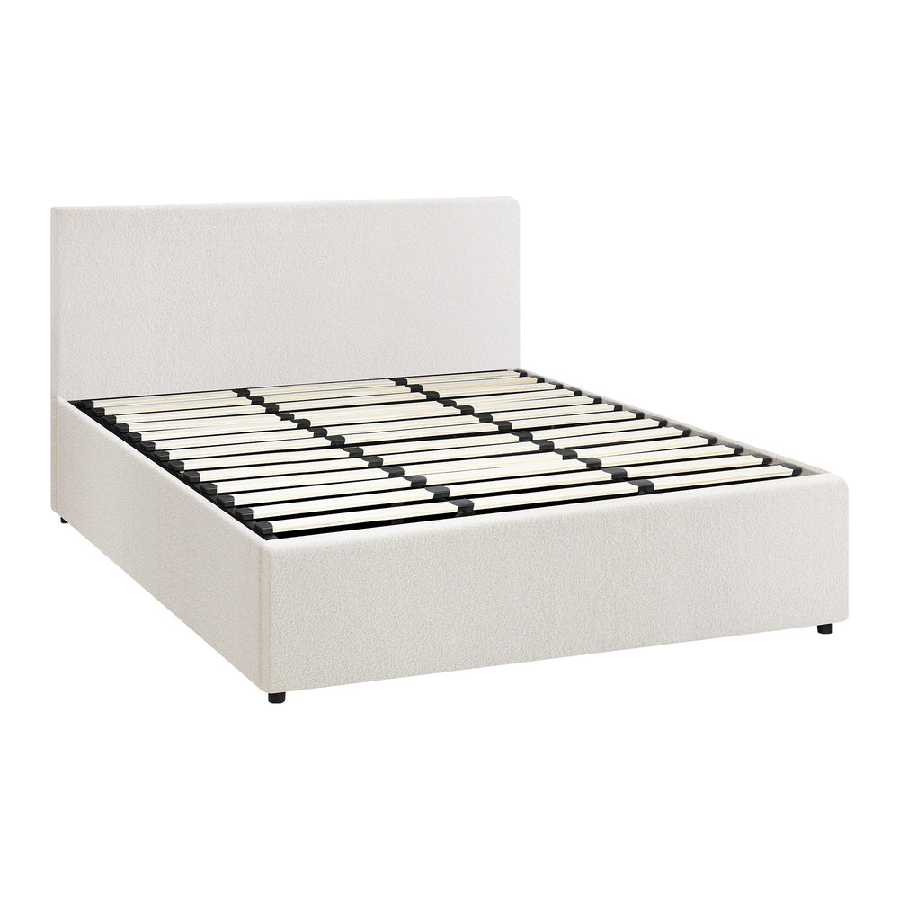 King Bed Frame with Gas Lift Storage Base White Boucle