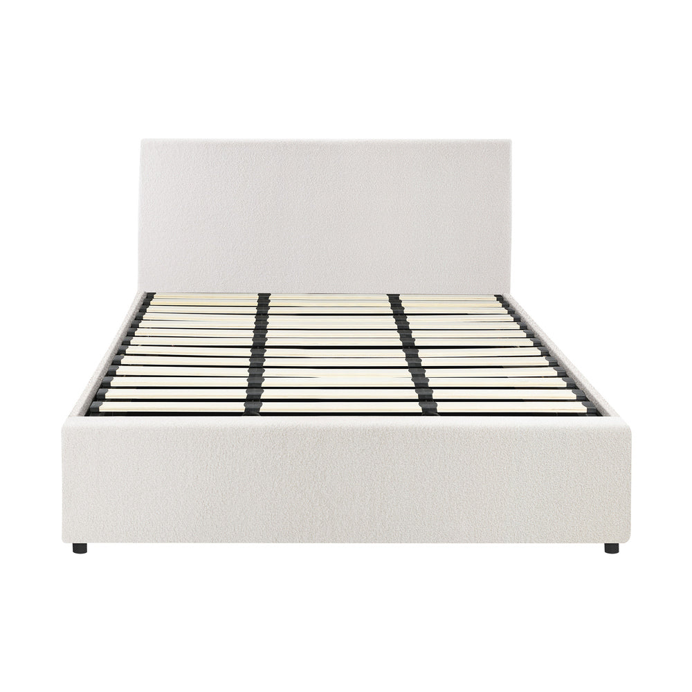 King Bed Frame with Gas Lift Storage Base White Boucle