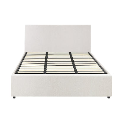 King Bed Frame with Gas Lift Storage Base White Boucle