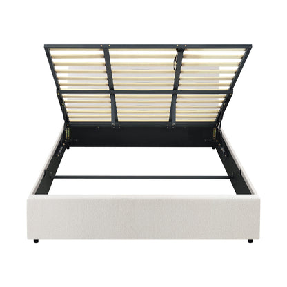 King Bed Frame with Gas Lift Storage Base White Boucle