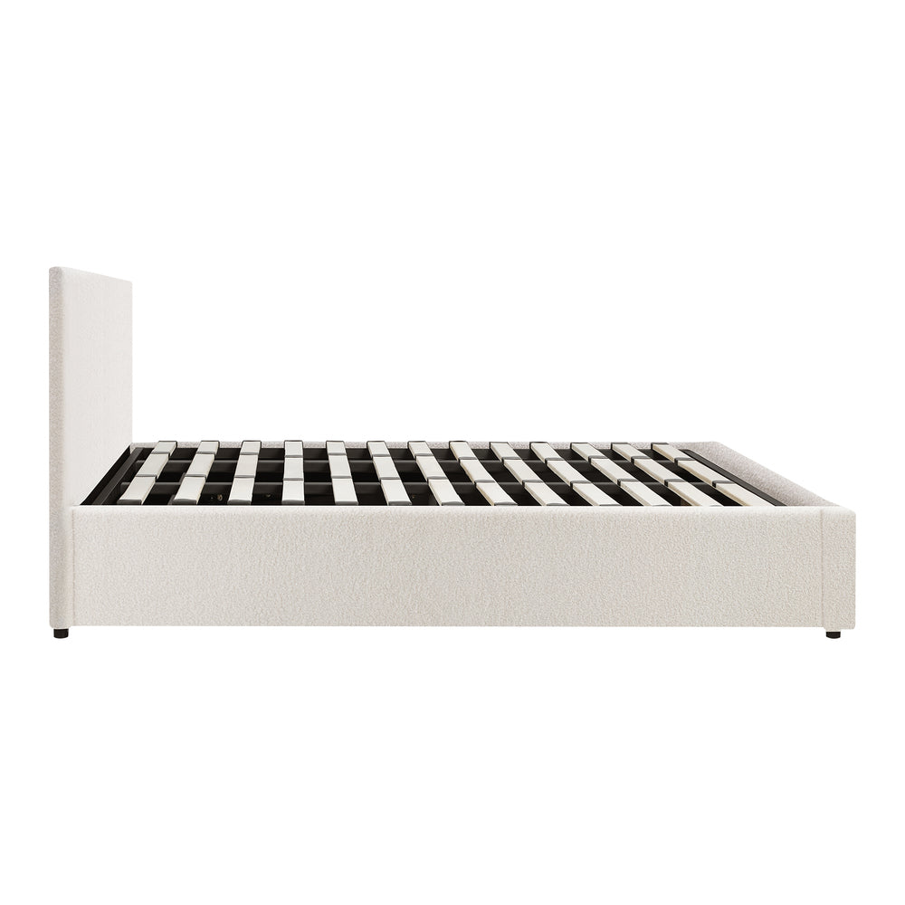 King Bed Frame with Gas Lift Storage Base White Boucle