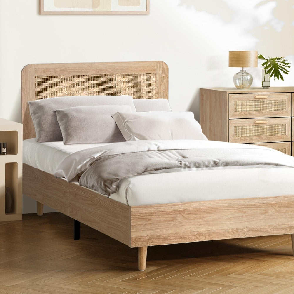 King Single Wooden Bed Frame with Rattan Headboard