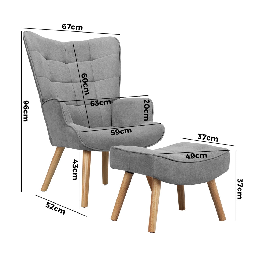 Fabric Armchair with Footstool Grey