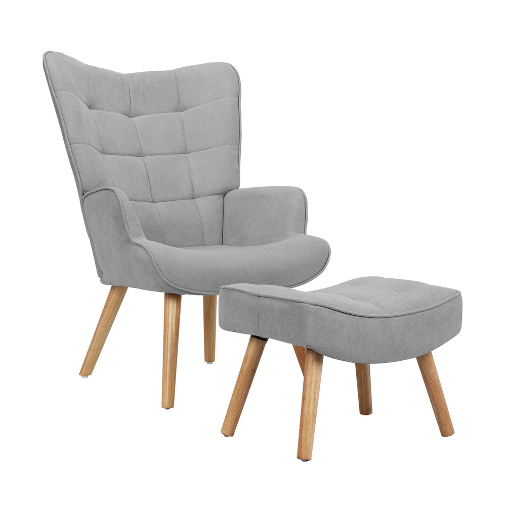 Fabric Armchair with Footstool Grey