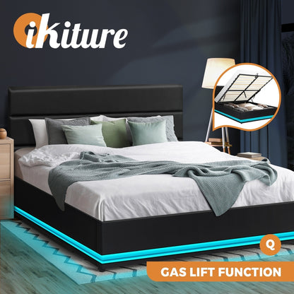 Queen Bed Frame Gas Lift Storage with RGB Lights Black