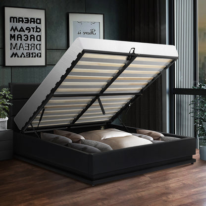 Queen Bed Frame Gas Lift Storage with RGB Lights Black