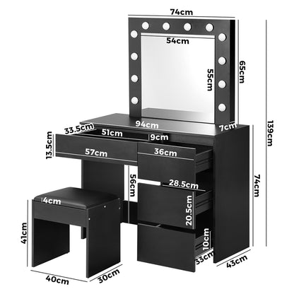 Black Dressing Table Set with Mirror and 12 Bulbs