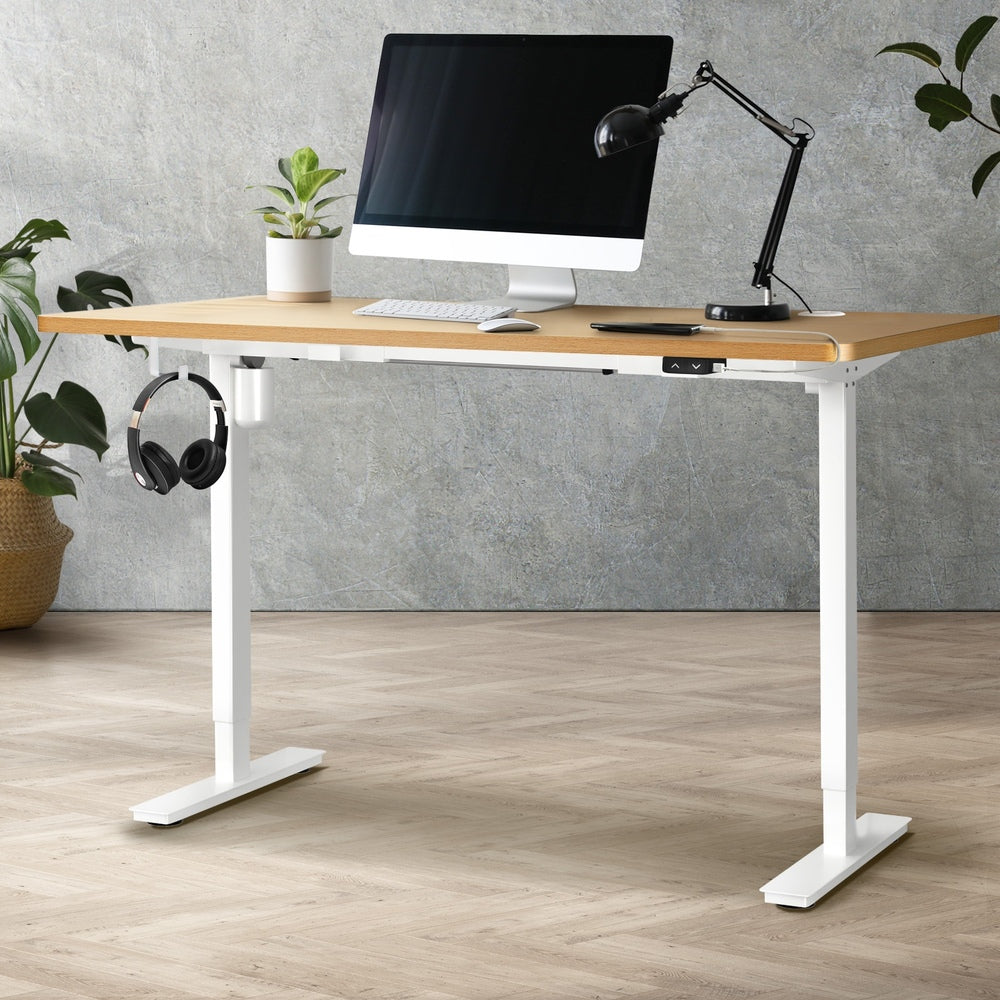 Electric Standing Desk Single Motor White and Oak 150 cm