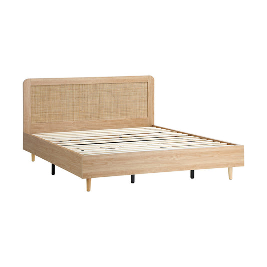 King Size Wooden Bed Frame with Rattan Headboard