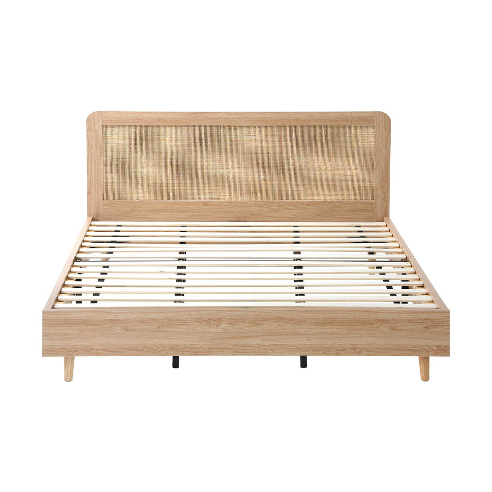 King Size Wooden Bed Frame with Rattan Headboard