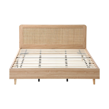 King Size Wooden Bed Frame with Rattan Headboard