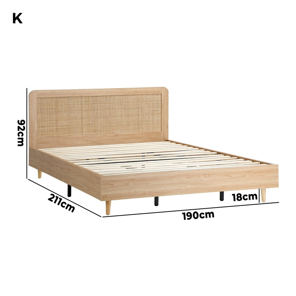 King Size Wooden Bed Frame with Rattan Headboard