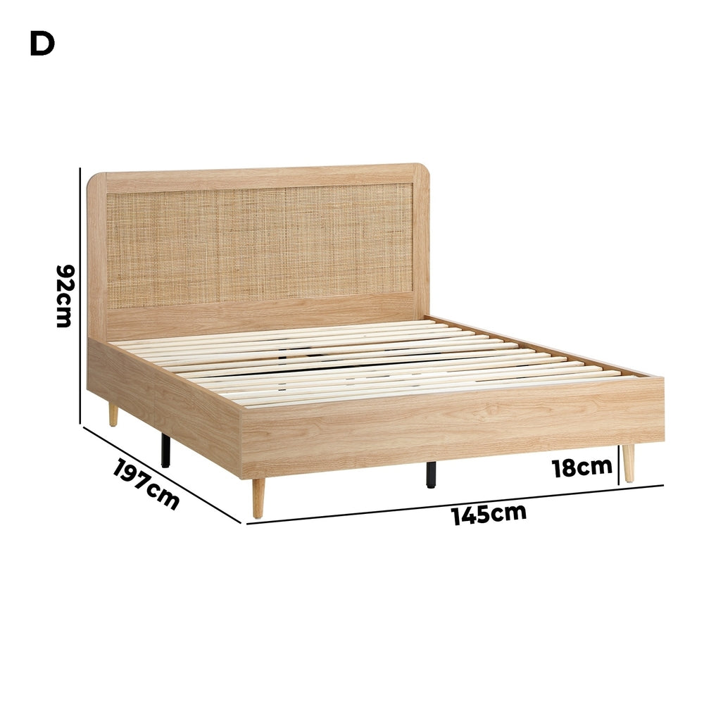 Double Size Wooden Bed Frame with Rattan Headboard