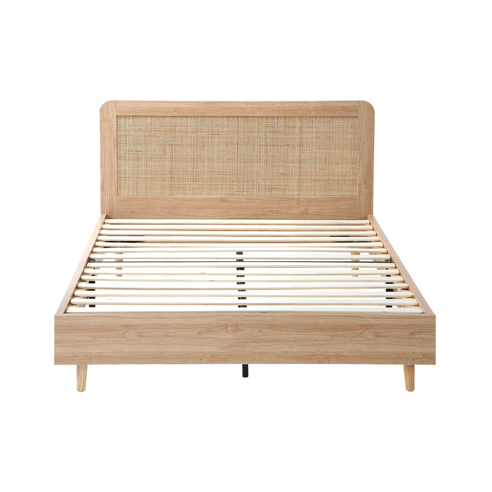 Double Size Wooden Bed Frame with Rattan Headboard